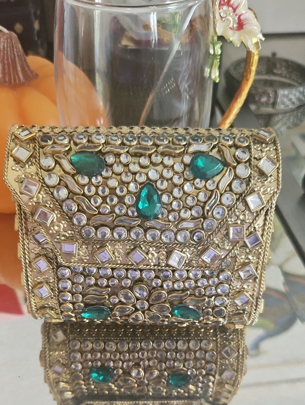 Embellished Gold Evening Clutch with Emerald Stones